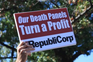 Washington, DC - October 30, 2010: This sign at the Rally to Restore Sanity on the National Mall on October 30 suggests that the death panels of health insurance turn a profit, which matters most to the Republican party. ** Note: Slight blurriness, best